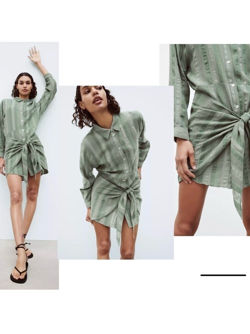Zara Green striped wrap tie knot front mini shirt dress button front Sz S NWOT